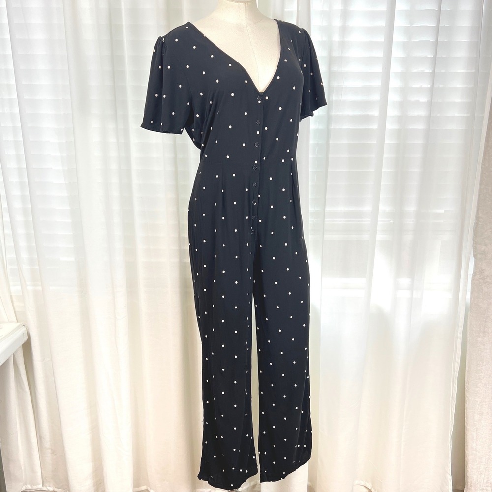 Amuse Society‎ Womens Black Polka Dot Wide Leg Jumpsuit Sz Large Chic vacation